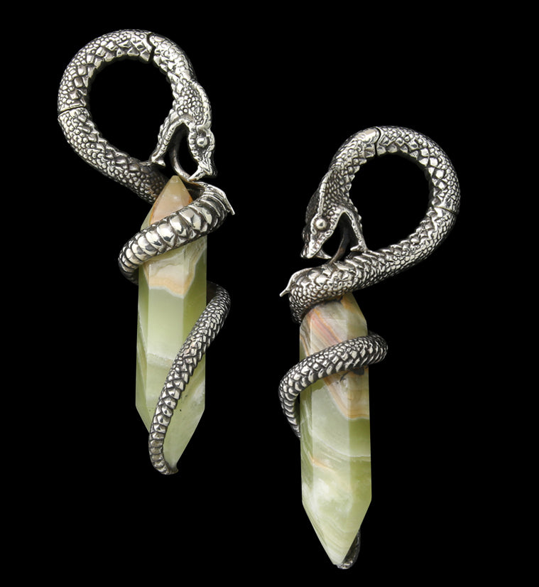 Green Onyx Stone Cobra White Brass Hinged Ear Weights