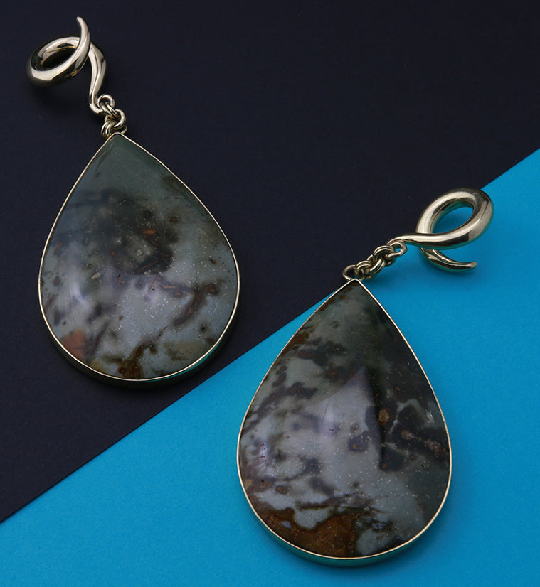Green Polychrome Jasper Teardrop Brass Ear Weights