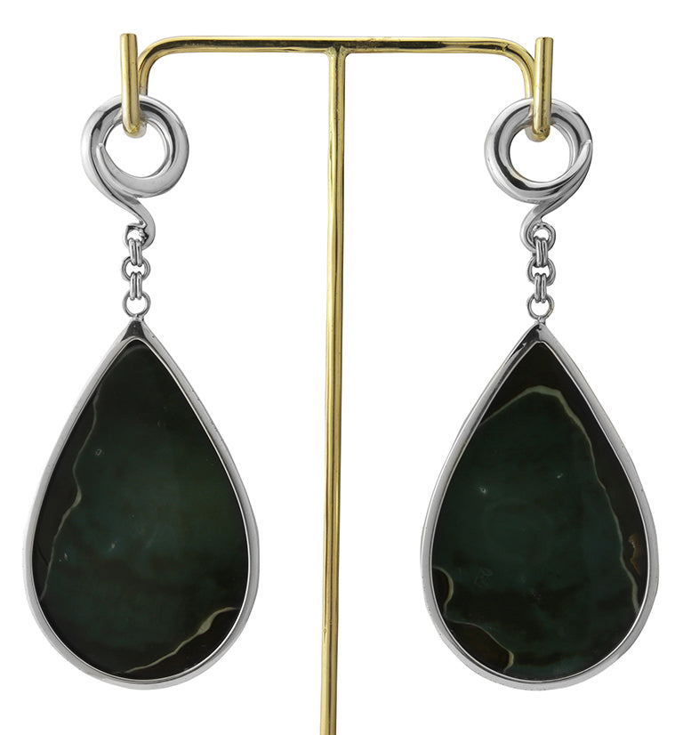 Green Polychrome Jasper Teardrop White Brass Ear Weights