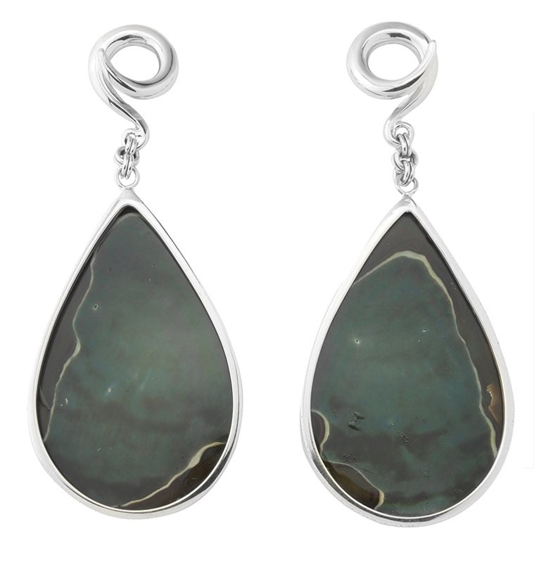 Green Polychrome Jasper Teardrop White Brass Ear Weights