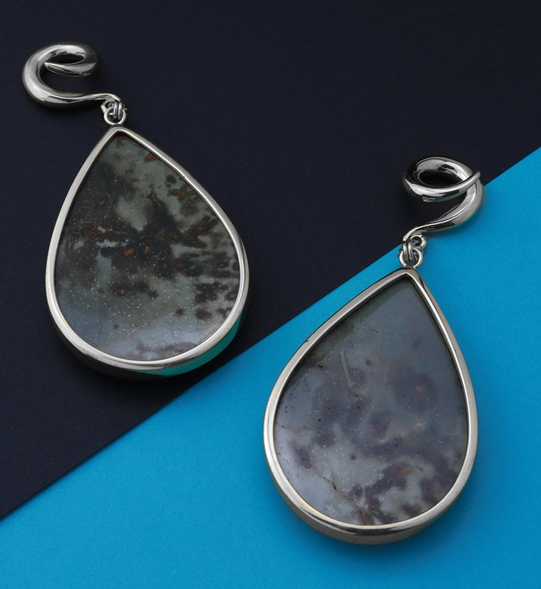 Green Polychrome Jasper Teardrop White Brass Ear Weights