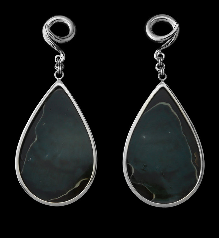 Green Polychrome Jasper Teardrop White Brass Ear Weights