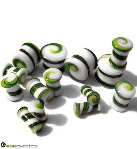 Green & White Swirl Glass Plugs
