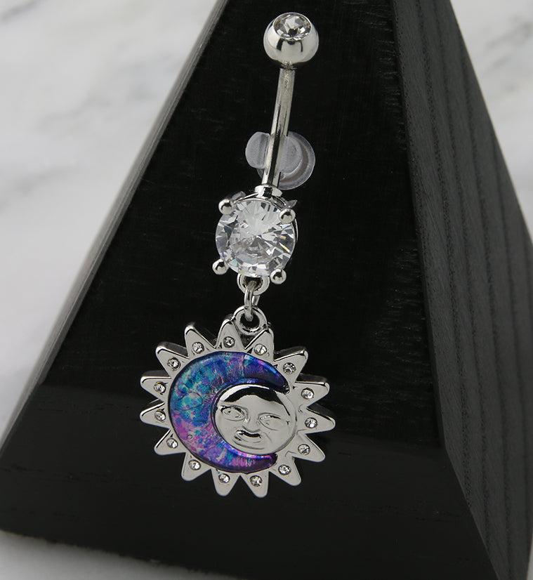 Groovy Sun and Moon CZ Dangle Belly Button Ring