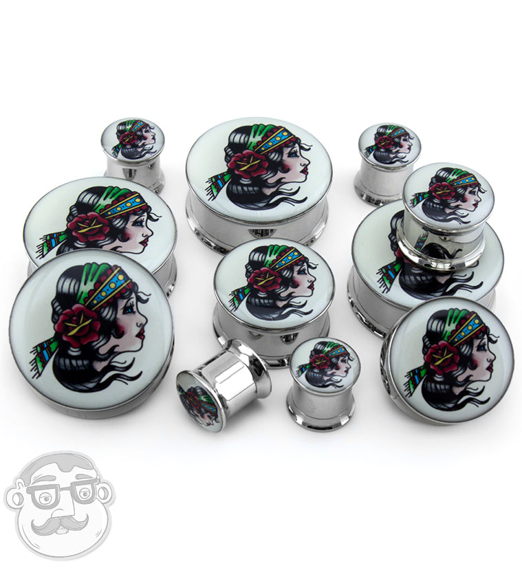 Gypsy Girl Tattoo Steel Plugs