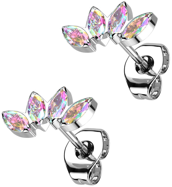 Half Crown Rainbow Aurora CZ Titanium Threadless Earrings