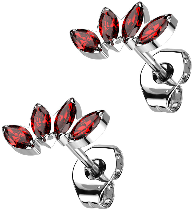 Half Crown Red CZ Titanium Threadless Earrings
