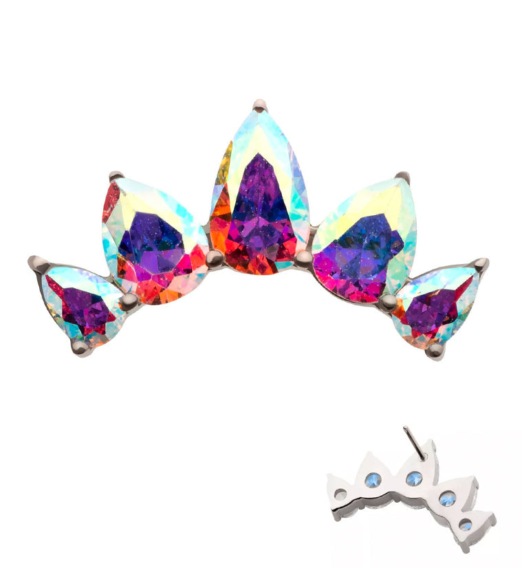 Half Crown Teardrop Rainbow Aurora CZ Threadless Titanium Top