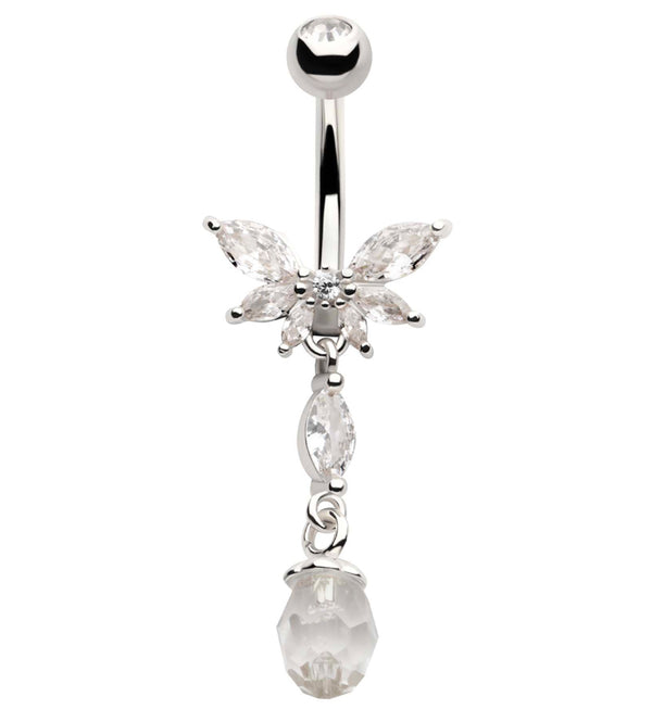 Half Flower Clear CZ Dangle Faceted Charm Stainless Steel Belly Button Ring