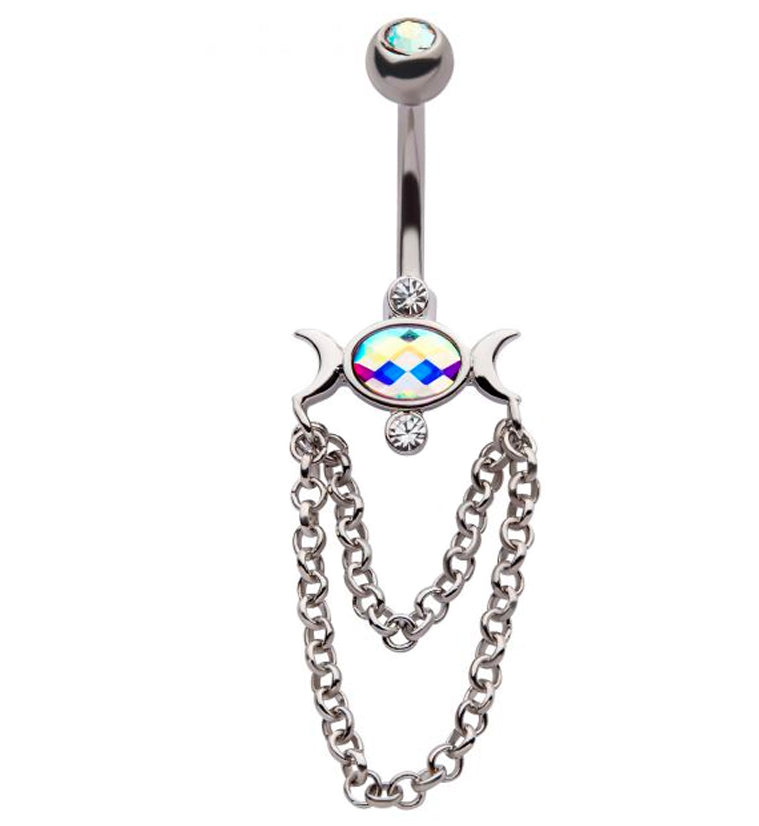 Half-Moon Aura CZ Dangle Chain Belly Button Ring