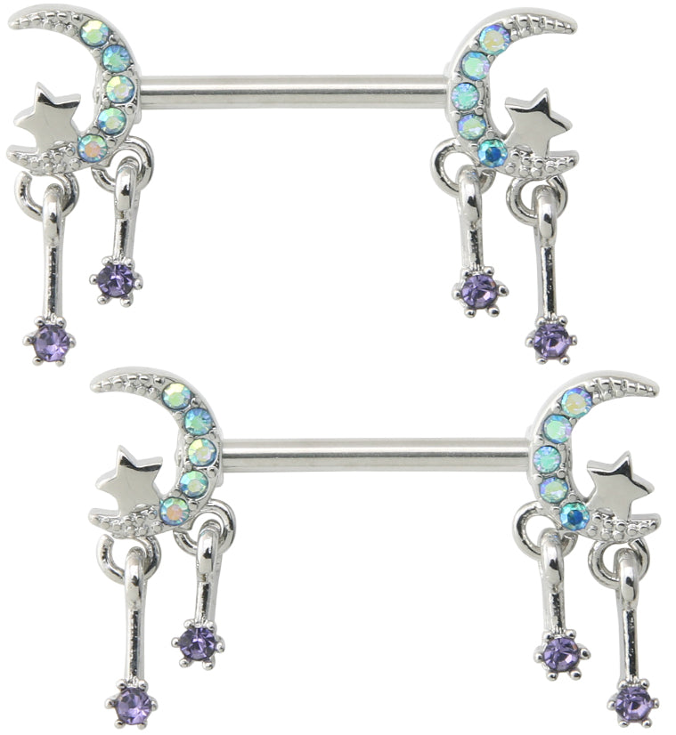 Half Moon Dangle Star Blue Aurora CZ Stainless Steel Nipple Barbell