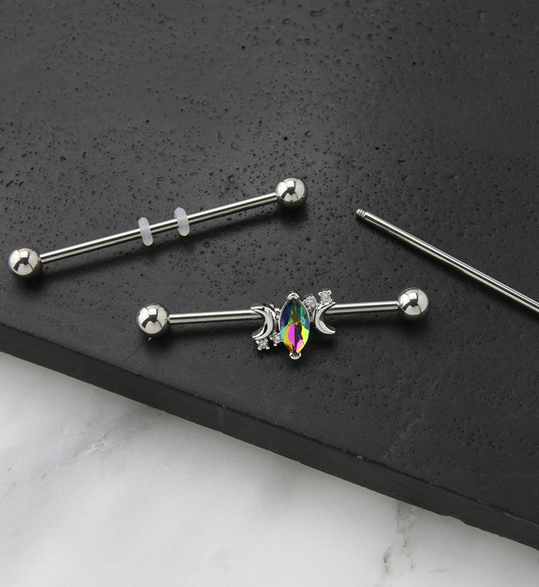 Half Moon Oval Black Aurora CZ Industrial Barbell