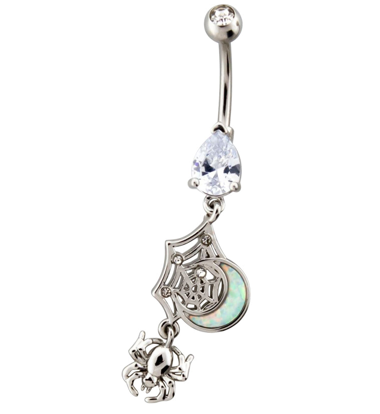 Half Moon Spider White Opalite and CZ Dangle Belly Button Ring
