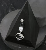 Halo Crescent Moon CZ Dangle Stainless Steel Belly Button Ring