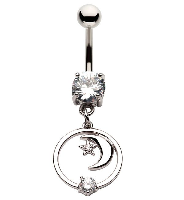 Halo Crescent Moon CZ Dangle Stainless Steel Belly Button Ring
