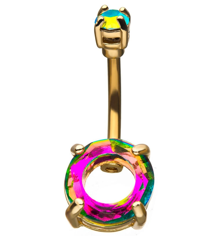 Rainbow Halo CZ Gold Belly Rings