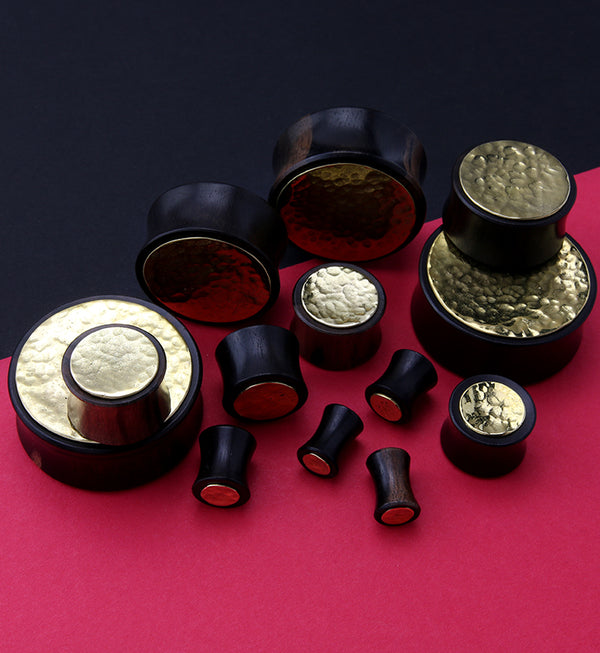 Hammered Brass Inlay Areng Wood Plugs