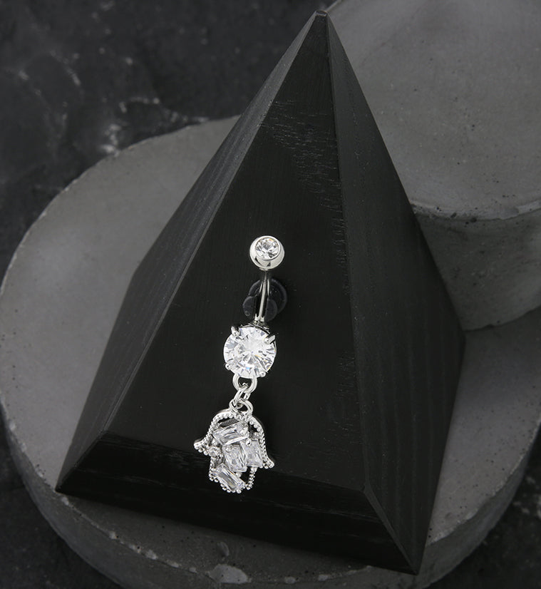 Hamsa Hand Baguette CZ Dangle Stainless Steel Belly Button Ring