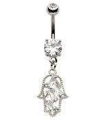 Hamsa Hand Baguette CZ Dangle Stainless Steel Belly Button Ring