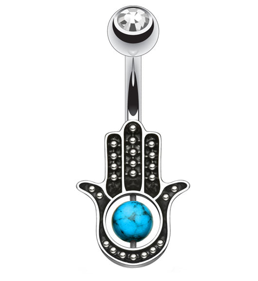 14G Hamsa Hand With Turquoise Center Belly Button Ring