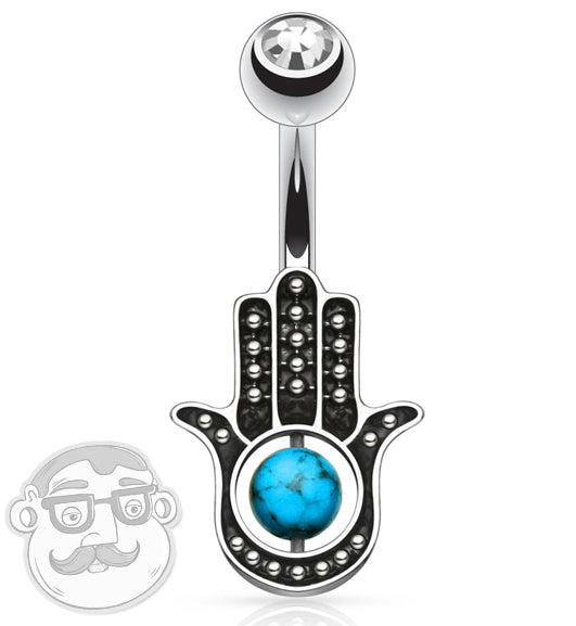 14G Hamsa Hand With Turquoise Center Belly Button Ring