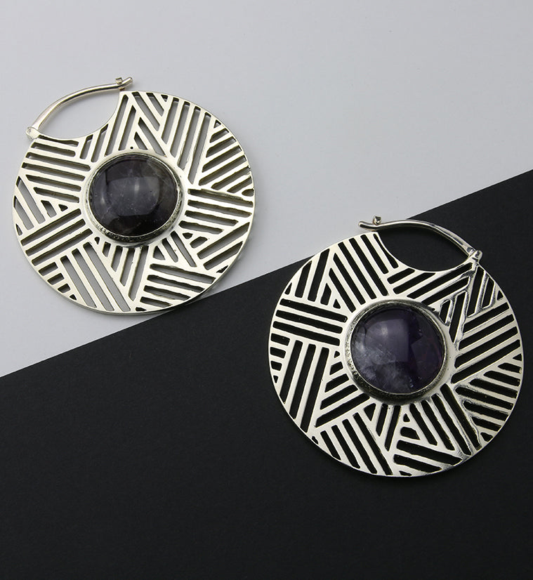 Haphazard Amethyst Stone White Brass Ear Weights