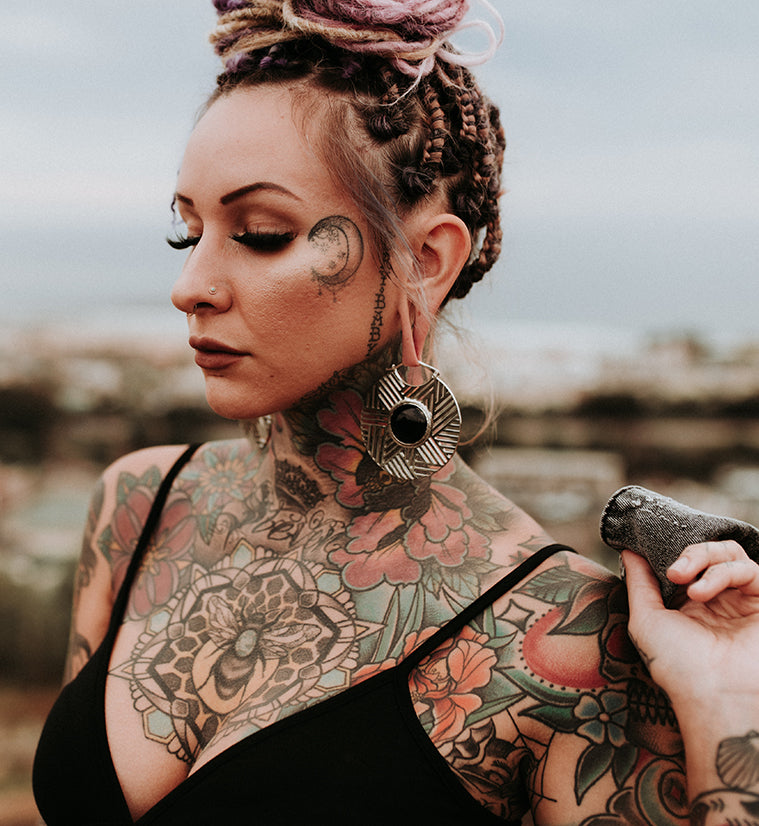 Haphazard Black Obsidian White Brass Ear Weights