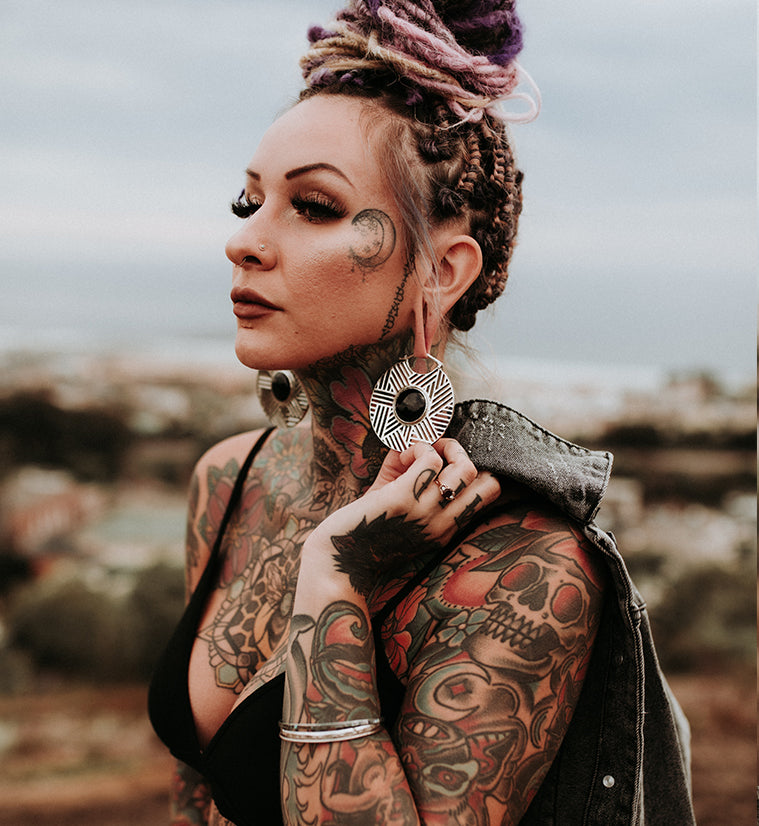 Haphazard Black Obsidian White Brass Ear Weights