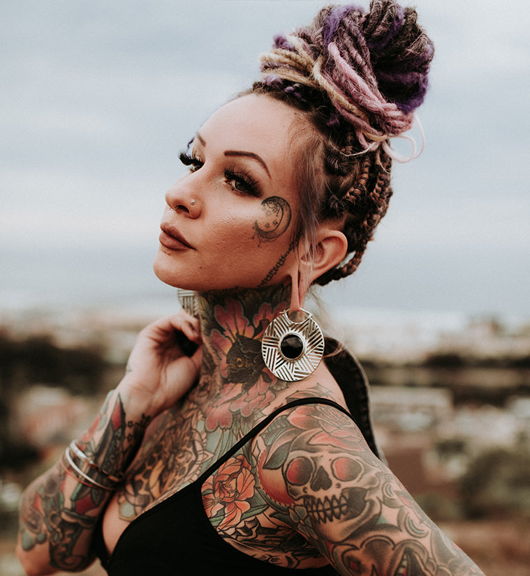 Haphazard Black Obsidian White Brass Ear Weights