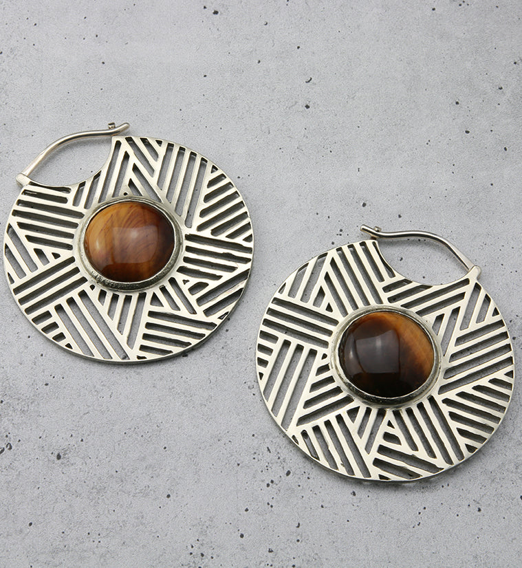 Haphazard Tigers Eye Stone White Brass Ear Weights