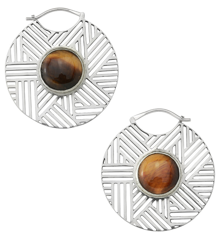 Haphazard Tigers Eye Stone White Brass Ear Weights