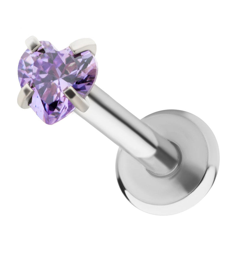 Heart Amethyst CZ Stainless Steel Internally Threaded Labret