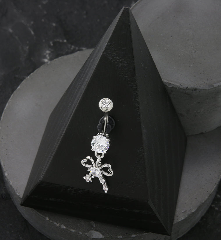 Heart Bow CZ Dangle Stainless Steel Belly Button Ring