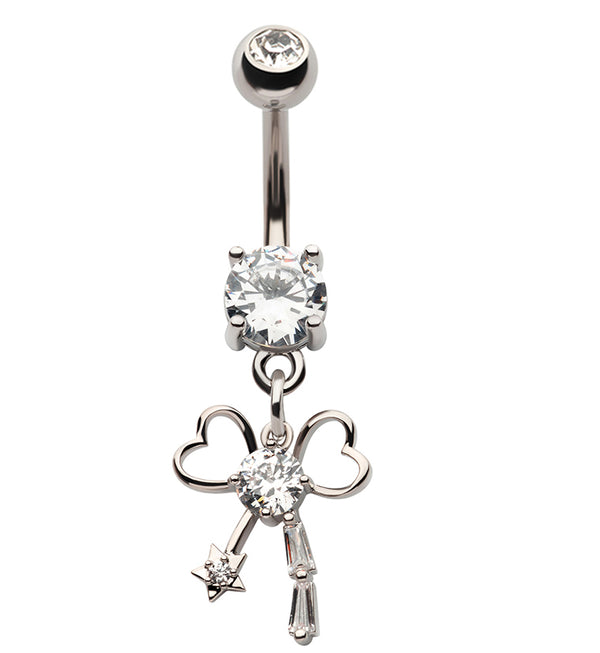 Heart Bow CZ Dangle Stainless Steel Belly Button Ring