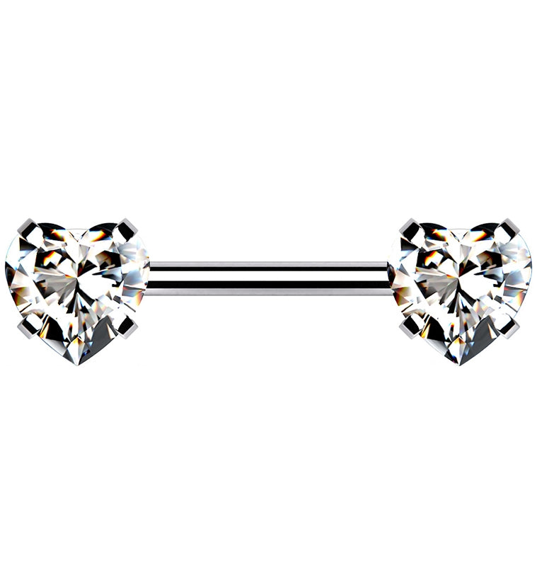 Double Clear Heart CZ Stainless Steel Threadless Barbell