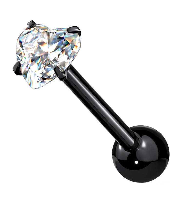 Black PVD Heart CZ Prong Set Stainless Steel Barbell