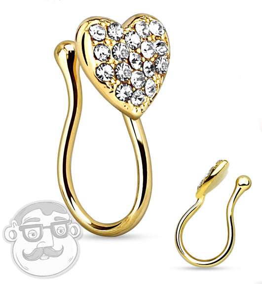 Gold CZ Heart Fake Brass Nose Ring