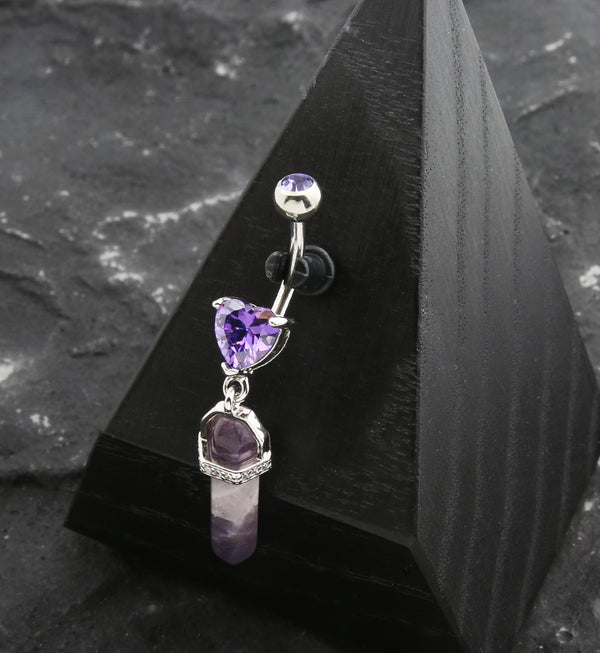 Heart CZ Purple Crystal Dangle Stainless Steel Belly Button Ring