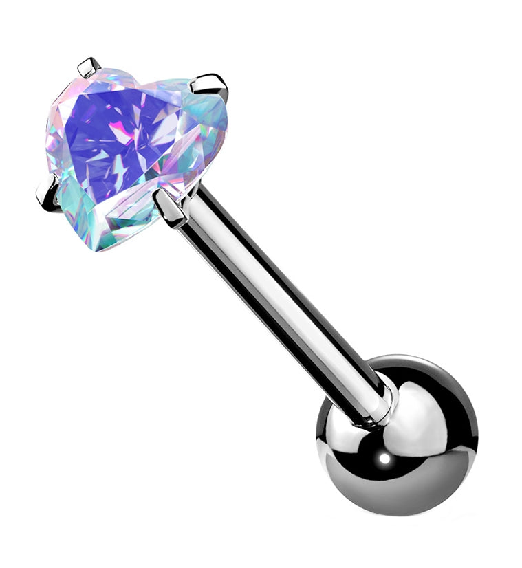 Rainbow Fluorite Heart CZ Prong Set Stainless Steel Barbell