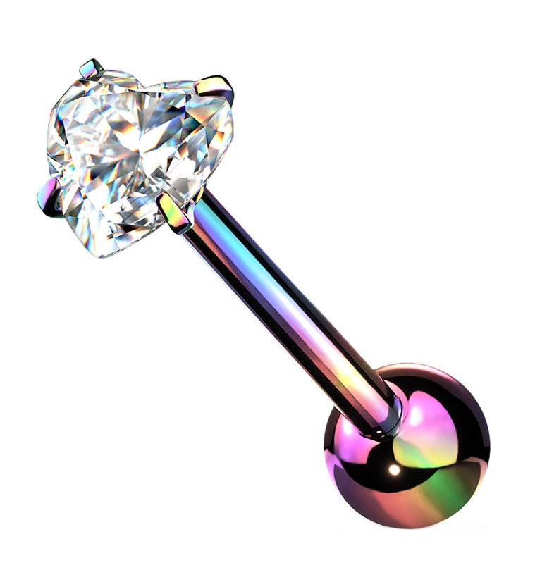 Rainbow PVD Heart CZ Prong Set Stainless Steel Barbell
