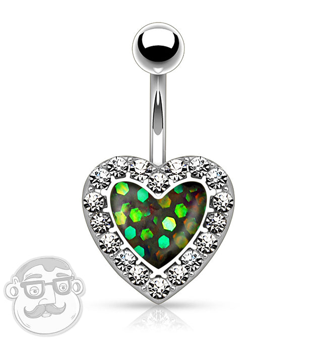 Green Glitter CZ Heart Rim Stainless Steel Belly Button Ring
