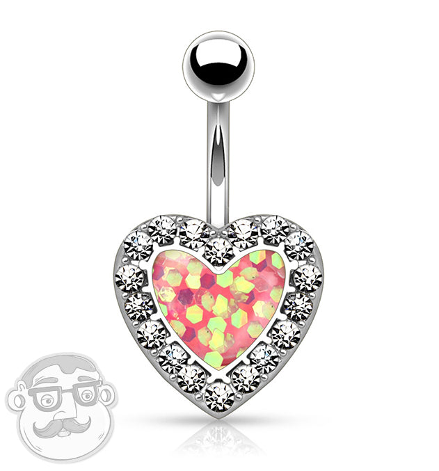 Pink Glitter CZ Heart Rim Stainless Steel Belly Button Ring