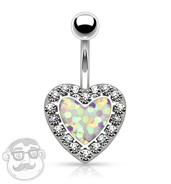 White Glitter CZ Heart Rim Stainless Steel Belly Button Ring