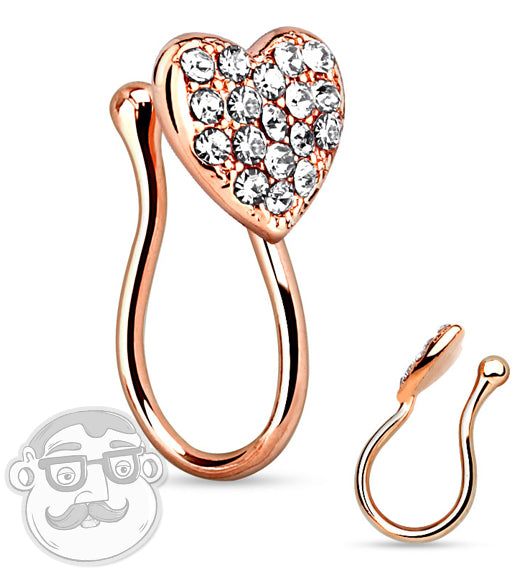 Rose Gold CZ Heart Fake Brass Nose Ring