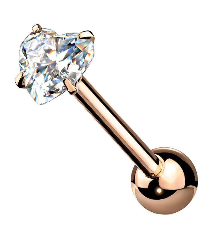 Rose Gold PVD Heart CZ Prong Set Stainless Steel Barbell