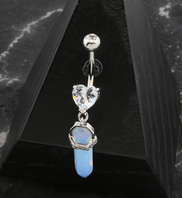 Heart CZ White Crystal Dangle Stainless Steel Belly Button Ring