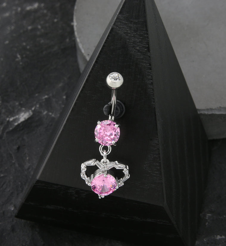 Heart Dangle Pink CZ Stainless Steel Belly Button Ring