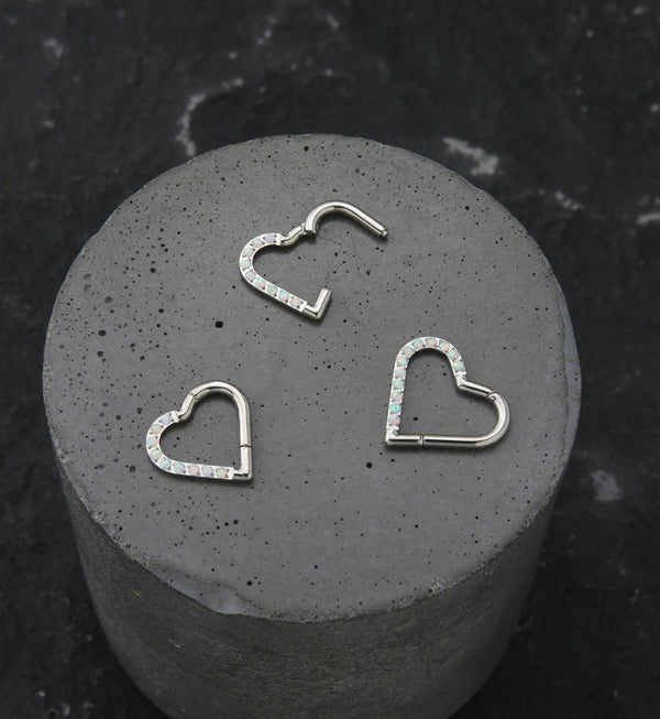 Heart Half Lined White Opalite Titanium Hinged Segment Ring