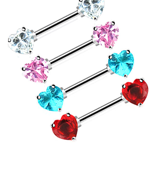 Heart Nipple Ring With Double CZ Diamond Bar Bell 14G