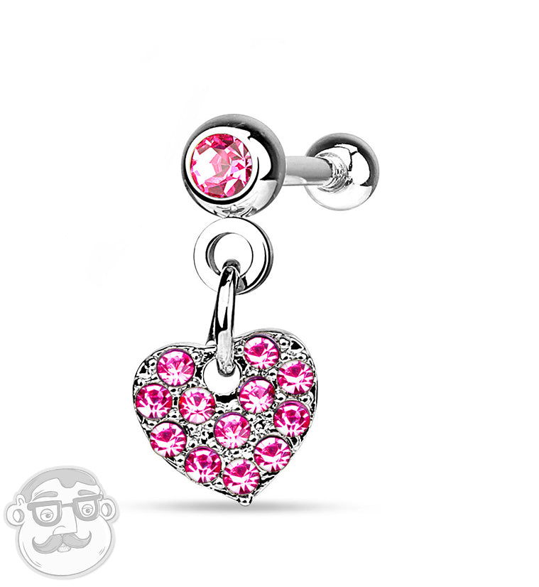 Pink Heart CZ Dangle Steel Tragus / Cartilage Barbell